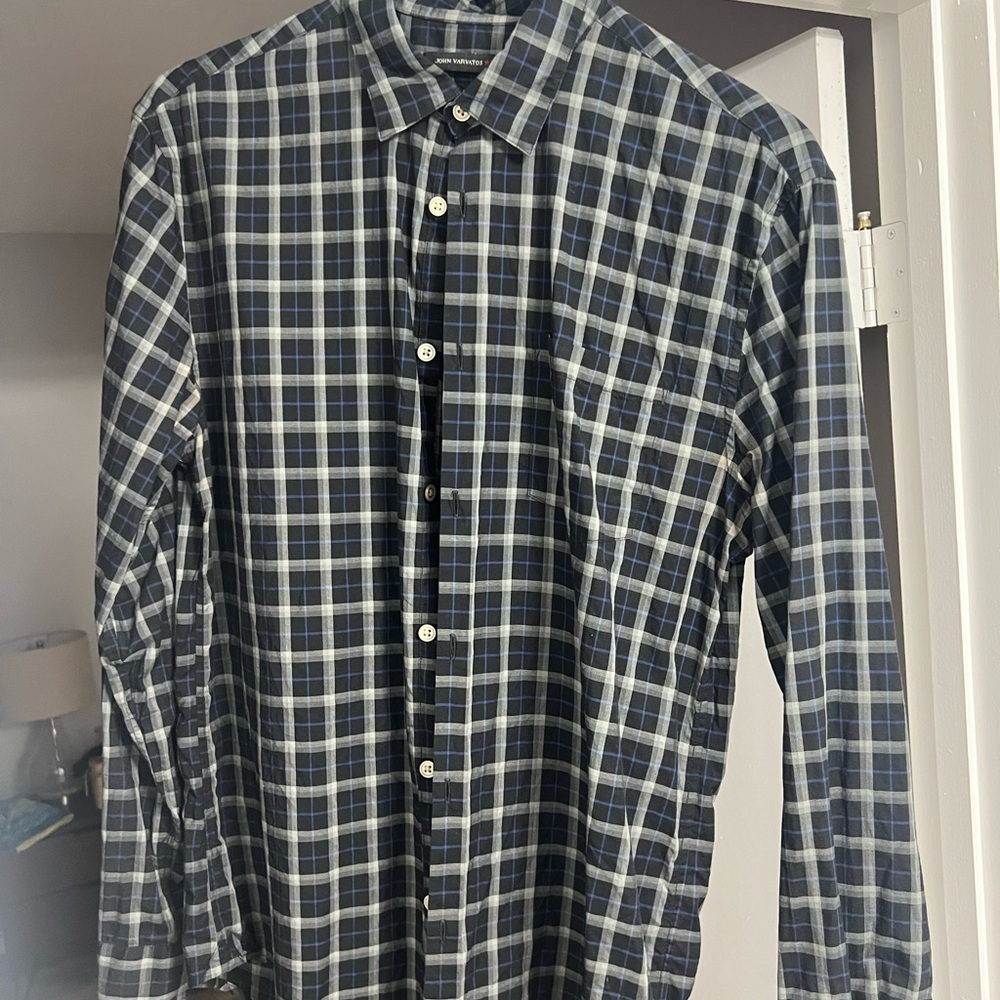 John Varvatos Luxe Shirt Plaid Black Blue Grey Small